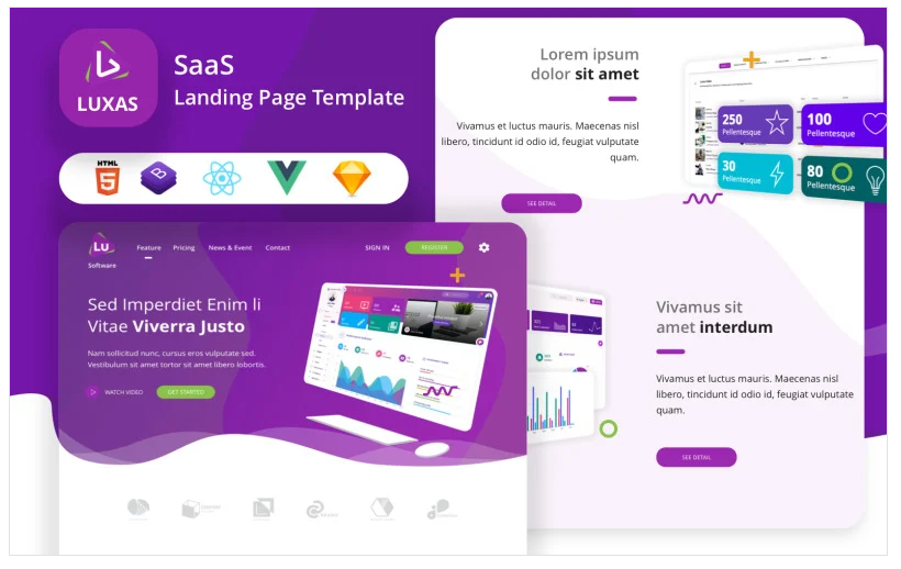 Luxas - HTML React Vue Sketch IT and SaaS Landing Page Template download