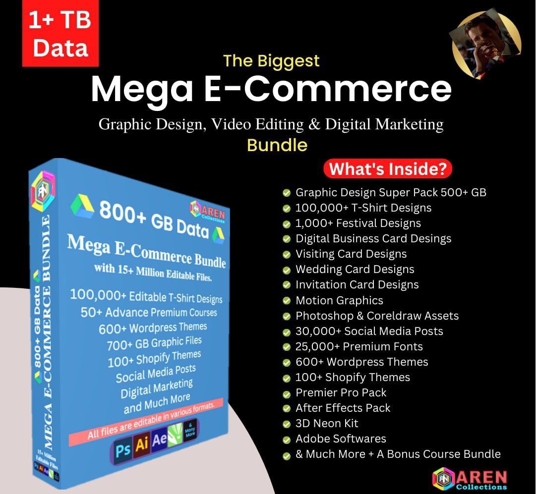 the biggest Mega e-commerce graphic design video editing and digital marketing bundle