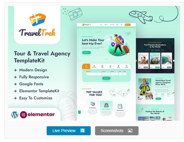 Travel Trek - Tour and Travel Agency Elementor Template Kit download